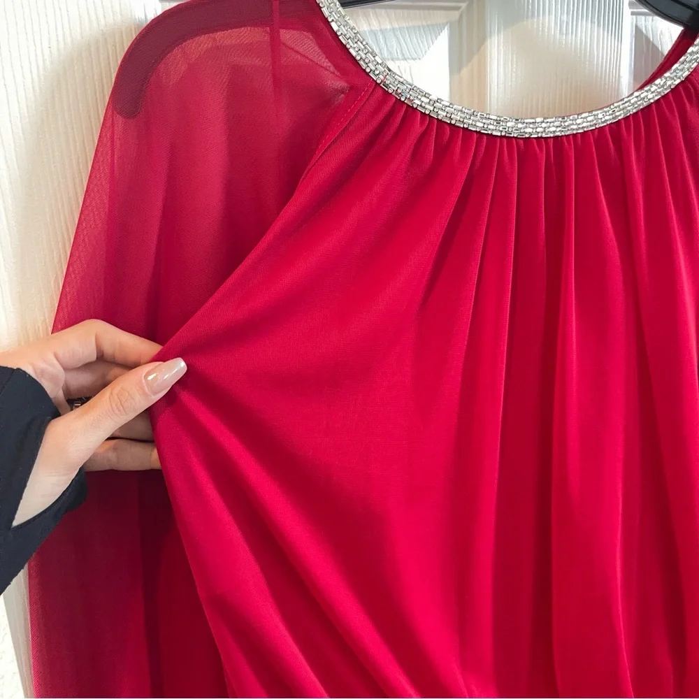R&M Richards Sheer Cape Vibrant Red Dress with Embellished Trim